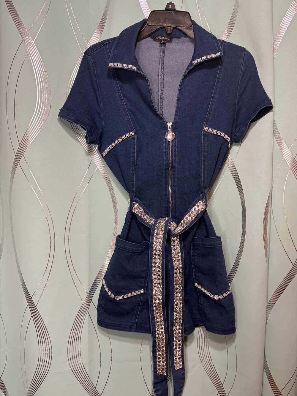Blashe Dark Blue Short-Sleeve Denim Romper with Embellished Belt.